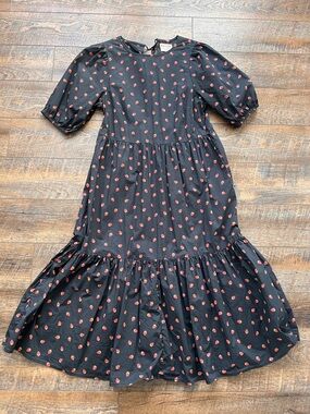 John Lewis Black Maxi Dress with Red Strawberry Print